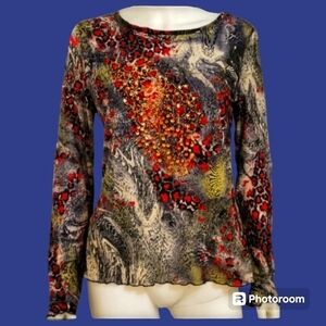 VTG Azi Leopard Print Chiffon Bedazzled Long Sleeve Gothic Blouse